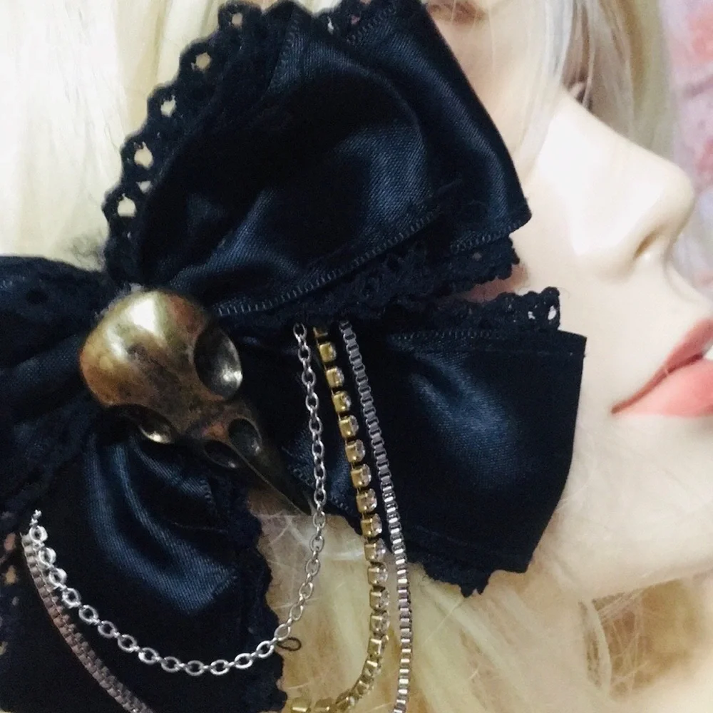 Black Satin  Gothic Hair Bow Barrett with Skull Accent
